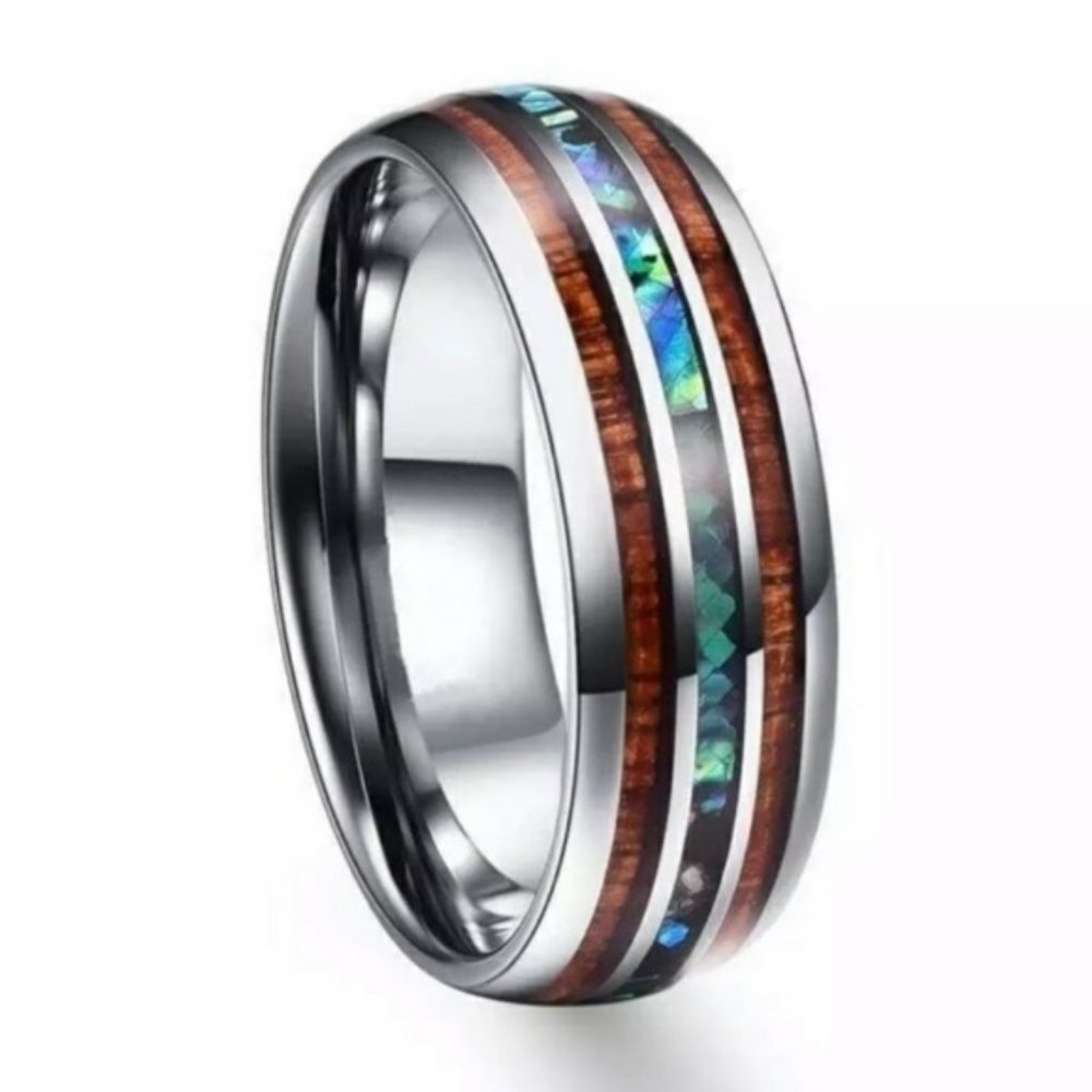 Mens Fashion Tungsten band Wood shell ring NEW